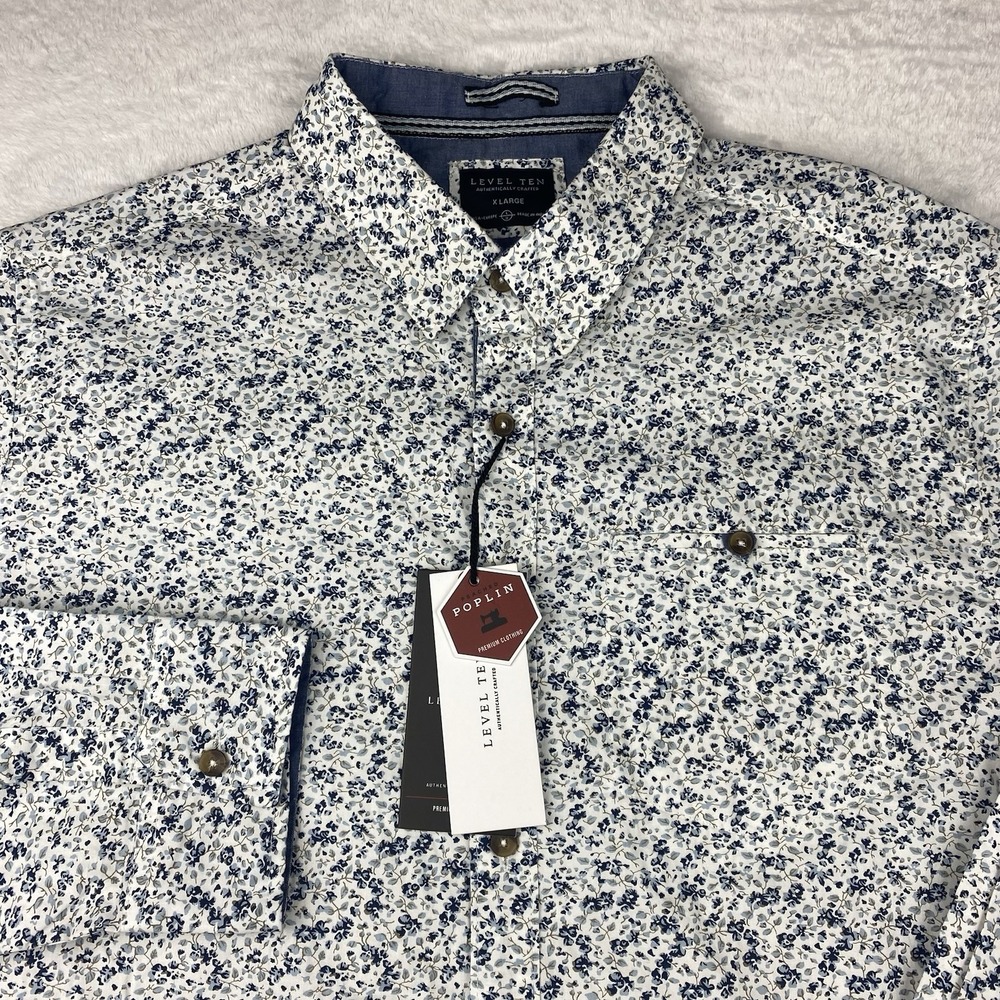 LEVEL TEN Shirt Mens XL White w/Blue Floral Print Contrasting Trim New w/Tags!